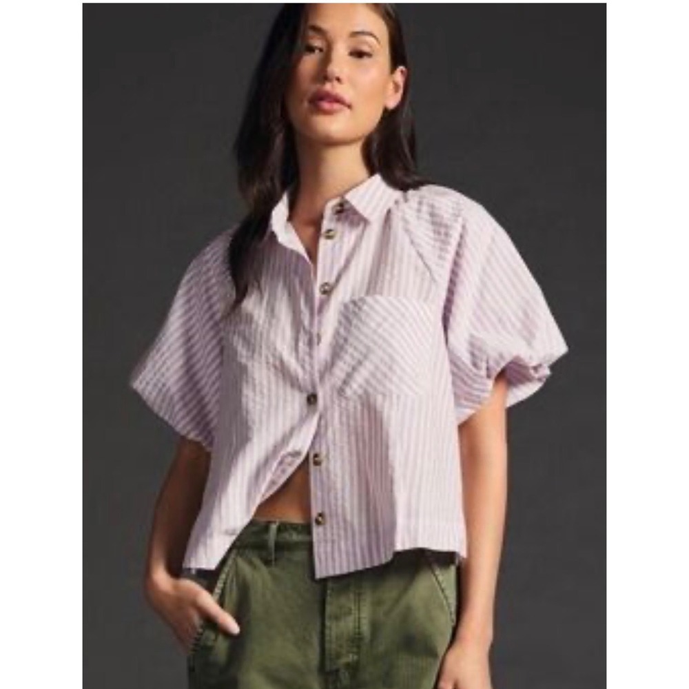 Maeve Anthropologie Zooey Striped Puff Sleeve Button Shirt boho coastal small